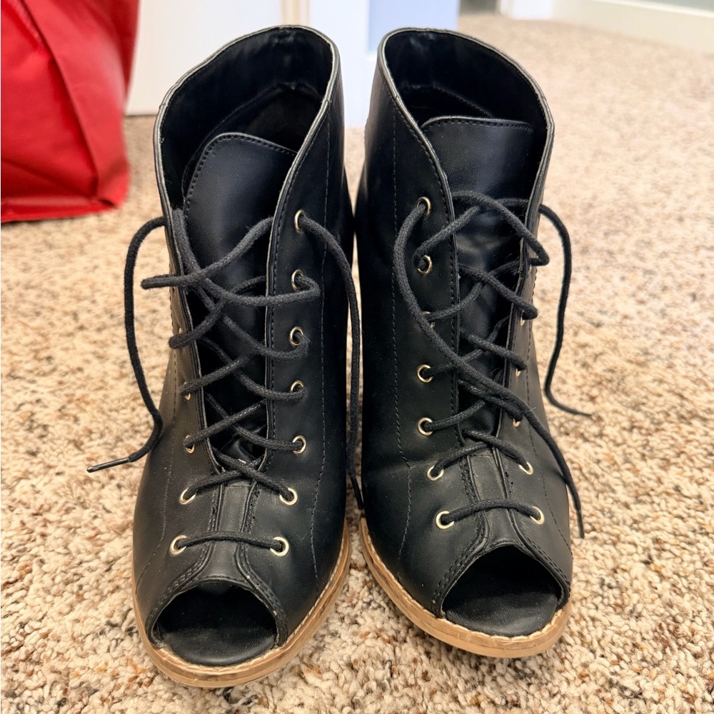 Call It Spring Black Lace-Up Peep Toe Boots